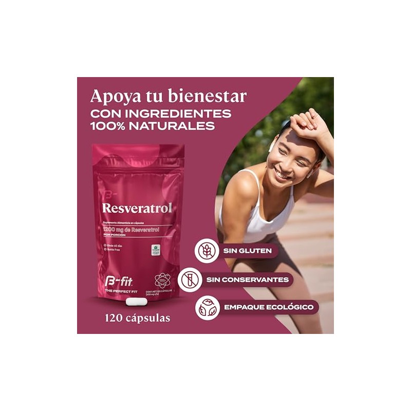 B-FIT Resveratrol 1200mg, Suplemento en Cápsulas, 120 Cáps, Sin Gluten