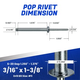 Fastenere Pop Rivets 3/16" x 1-3/8" (25 pcs) Aluminum Body Steel Mandrel - Heavy Duty, Open-End, Low Carbon, Dome Head Blind Rivets, Corrosion Resistant & High Shear Strength, 6-22 Gap 1.250" - 1.375"