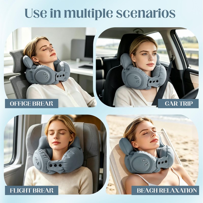 Inflatable Neck Pillow, U-Shaped Travel Pillow with Adjustable Snap Grey