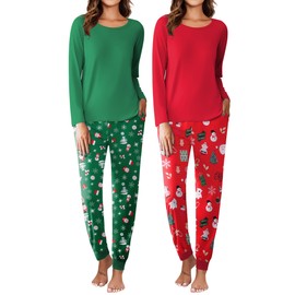 Ekouaer 2 Pack Christmas Pjs Sets for Women Cute Pajamas Set Long Sleeve Sleepwear Top and Jogger Pants Lounge Sets Loungewear,Medium