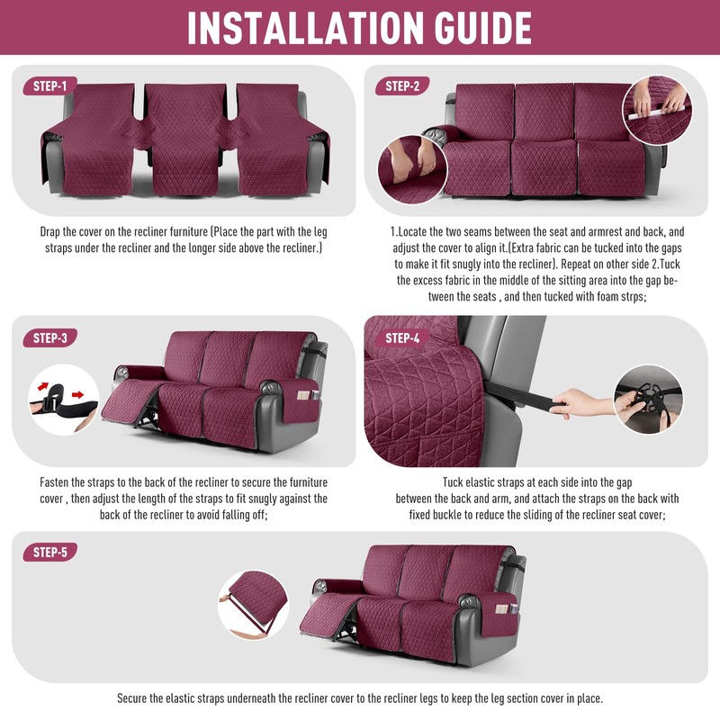TAOCOCO 100% Waterproof Recliner Cover, Non-Slip Washable Reclining Couch Cover