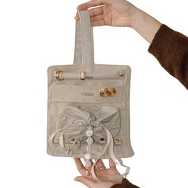 JOIANA | The Jewelry Travel Case | Travel Jewelry Roll | Canvas & Suede Embroidered with Gold Hardware | Case Organizer, Foldable for Earrings, Rings, Necklaces, Bracelets & more. (Sand)