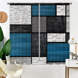 Miyotaa Geometric Navy Blue Gray Curtains 2 Panels 42W x 63H Rod Pocket Modern Contemporaty Polyester Window Drapery Treatment for Bedroom Living Room