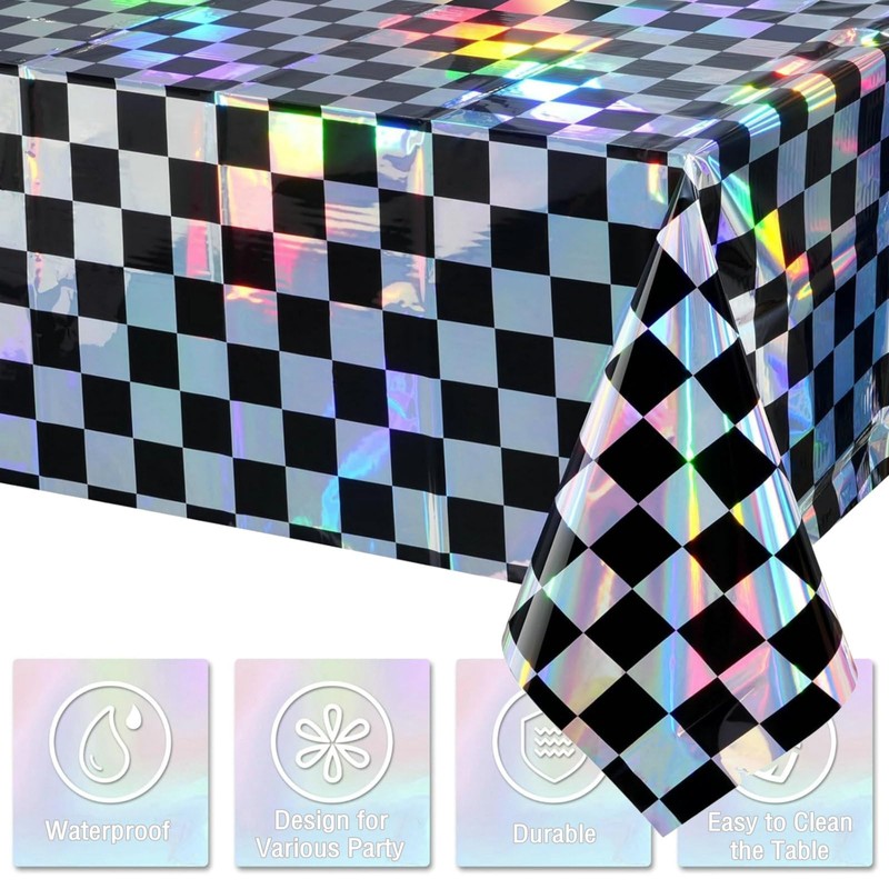 2 Pack Black and Iridescent Checkered Plastic Tablecloth, 54" x