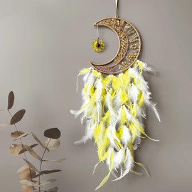 Moon Dream Catchers with Chakra Gemstone Agate Stone, Wealth Luck Crystal Tree Life Dream Catchers Wall Hangings Room Decor(Yellow)