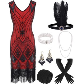 ELFIN 20s Dresses Flapper Dress Women's Sequins Fringe Dress 20s Party Dress Cocktail Dress Vintage 1920s Costume Dresses Set with Headband, Headpiece, Long Black Gloves, Necklace, black red