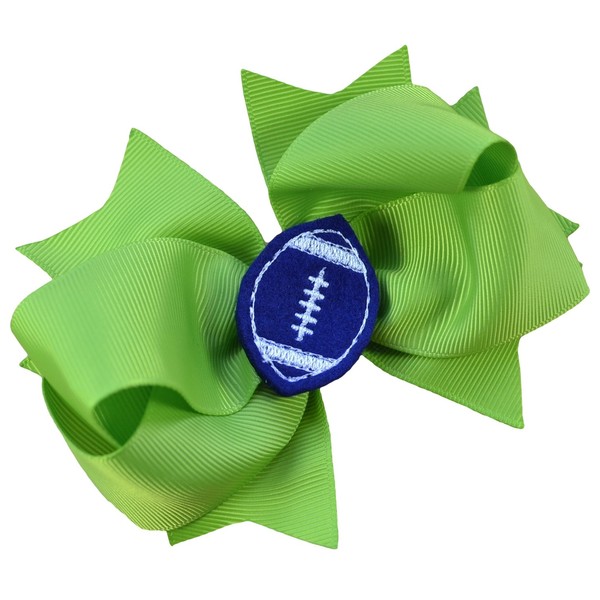 Girls Football Hair Bow 4.5 Inch Embroidered Football Team Hair Bow (Lime Green Bow with Blue Ball)