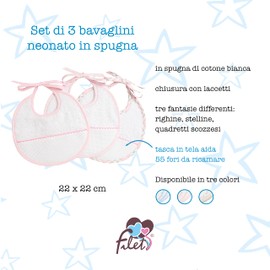 Filet - Set of 3 White Cotton Terry Bibs with Embroidered Aida Insert, Ideal for Protecting Your Child's Clothes, 100% Made in Italy, White Sky, White and rose