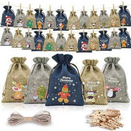Advent Calendar for Filling, Fabric, 24 Printed Christmas Calendars for Filling, Advent Calendar Bags, Large, 20 x 14 cm, Advent Calendar Bags for Filling with Clip, Advent Calendar 2024 Children