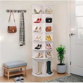 Aosute 360° Rotating Shoe Storage Tower, White, 7-Tier Display Rack for Heels, Boots, Handbags, 72.44x23.62 Inches