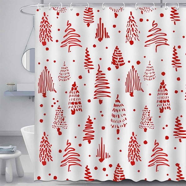 Mocsicka Christmas Trees Shower Curtain Merry Christmas Red Bathroom Curtain
