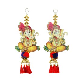 Set of 2 Ganesha Hanging Auspicious Wooden Bandanwar Door Wall Hangings for Indian Traditional Diwali decor decorations Handcrafted Valance Showpiece for Home Temple Decor(Size:-10"X4")(Multicolour)