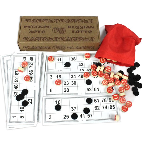 Russian Loto Family Game - Bingo Game for Adults - Tombola Games - Russian Lotto Game with Wooden Barrels, Bingo Cards and Chips - Board Games