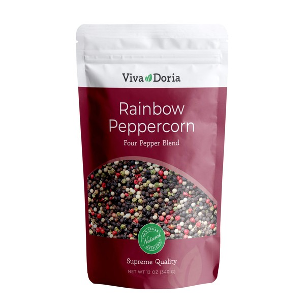Viva Doria Rainbow Blend Peppercorn, Steam Sterilized Whole Black Pepper, Whole Green Pepper, Whole Pink Pepper, Whole White Pepper, 12 Oz, For Grinder Refill