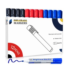maxtek Whiteboard Markers, Whiteboard Pens 3 Assorted Colours Black Blue Red Dry Erase Pens for Office, Schools, Home, 12pcs Pack Bullet Tip Dry Wipe Pens