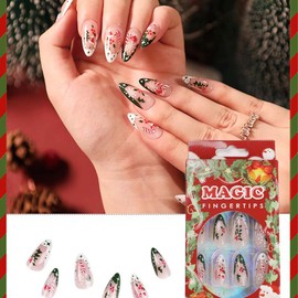 Yatinkim 24pcs Christmas Almond False Nails Acrylic Artificial Nail French Designs Fake Ongles Press on Tips Xmas Snowflake Women Manicure Decor