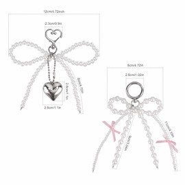 2pcs Pearl Bow Keychain, Aesthetic Heart Pendant Pearl Bow Key Chain Lovely Bead Bow-Knot Key Chain Accessories for Women Bag Purse Phone Charms Key Rings