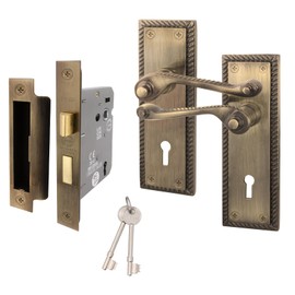 EAI Antique Brass Georgian Scroll Door Handle Key Lock Set - 1 Pair Internal Lever Lock Handles, Lock 64mm & Keys - Rope Design