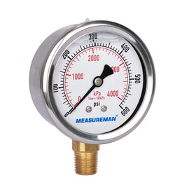 MEASUREMAN 2-1/2inch Dial Size, Oil Filled Pressure Gauge, 0-600psi/4000kpa, 304 Stainless Steel Case, 1/4inchNPT Lower Mount