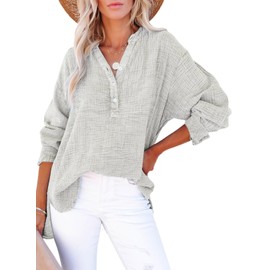 Dokotoo Long Sleeve Shirts for Women Stylish Button V Neck Oversized Womens Tops Spring Fashion Soft Solid High-Low Fall Loose Fit Cotton Textured Fabrication Tunic Tops Gray S