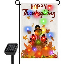 Gosuoa Thanksgiving Garden Flag with Solar LED Lights, 12x18 in Double Sided Pumpkins Turkey Fall Garden Flag for Harvest Thanksgiving Decorations Outdoor