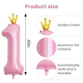 Alaoo 40 Inch Crown Number Balloons, Pink Number 1, Digital Decoration Balloons for Boys Girls Adults Birthday Party Anniversary Graduation