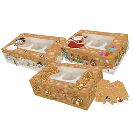 Baked with Love With Love Christmas Cupcake Boxes & Gift Tag Set, 3 Pack, 6/12 Festive To Carry Tasty Treats, Includes Dual Insert For 6 Standard Cupcakes or 12 Mini, 50190