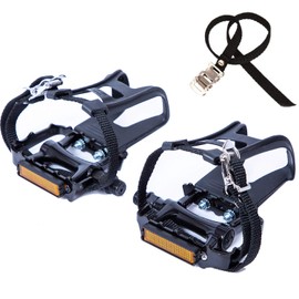 COZYROOMY Bicycle Pedals with Clips and Straps for Outdoor Cycling and Indoor Stationary Bike 9/16 Inch Spindle Resin/Aluminium Bicycle Pedals Black/Silver (Black)