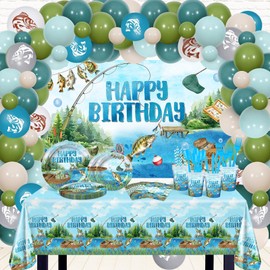 Lecheme Fishing Birthday Party Decorations 274PCS Gone Fishing Party Decorations Set Gone Fishing Backdrop Tablecloth Fishing Party Decorations Tableware Fish Balloons Birthday Party Supplies