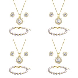 ZHUWE Bridesmaid Jewelry Set Gift for Wedding, 18K Gold Plated Sun Flower Pendant Necklace Earring with Faux Pearl Bracelet Set for Women