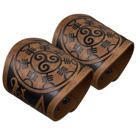 HiiFeuer 2 piece Viking Embossed Faux Leather Cuff Bracelet, Norse Retro Wristband, Nordic Mjolnir Vegvisir Pattern Cuff Bangle Bracelet.(Vegvisir Brown)