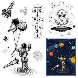 Astronaut Clear Stamps for Card Making UFO Saucer Man Clear Rubber Stamps Spaceship Galaxy Transparent Rubber Seal Stamps for DIY Photo Scrapbooking Paper Card Album Crafting Supplies