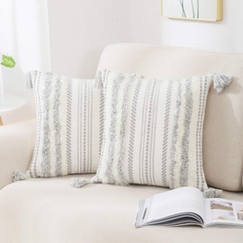 decorUhome Boho Grey Cushion Covers 50x50cm Set of 2, Decorative Tufted Tassel Woven Pillow Case for Sofa Couch 20x20 Inch