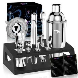 IOV Mixology Bartender Kit with Stand | 12-Piece Cocktail Shaker Set | 24oz Martini Shaker Set for Drink Mixing | Bar Set Includes All Bar Tools and Recipe Booklet | Fun Housewarming Gift (Silver)