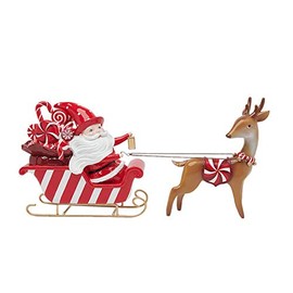 December Diamonds Candy Cane Lace Santa in Sled with Reindeer Figurine 14-Inch Resin Red and White