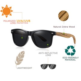 Barcur Wood Sunglasses for Men Women Polarized, uv Protection Black Walnut/Zebra Wooden Arms Frame Shades with Case(Zebra Black Frame Grey lens)