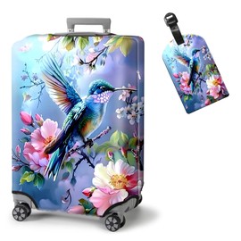 ETLKJVBL Elastic Suitcase Covers for Luggage, Hummingbird Colorful Flowers Washable Waterproof Dustproof Luggage Cover with Adjustable Straps & Cute Baggage Tag (L, Fits 26/27/ 28 Inches)