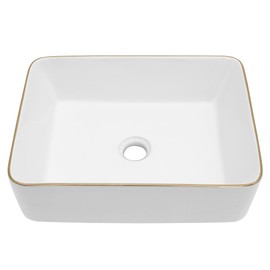 Dcolora Vessel Sink Rectangular 16"x12" White Vessel Sink with Gold Rim Ceramic Porcelain Rectangle Bathroom Sink Above Counter Vanity Sink Basin