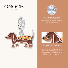 GNOCE Cute Dachshund Dog in Hot Dog Costume Pendant Sterling Silver Beads Charms for Women and Girls Jewellery Gift, Silver, Cubic Zirconia