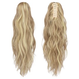 FESHFEN Wavy Ponytail Hairpiece with Clip, 50 cm Ponytail Braid Extensions, Claw Clip-In Synthetic Hair Extension for Women, Dark Ash Blonde Mixed Bleach Blonde