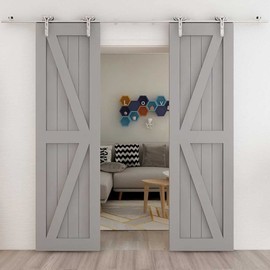 CCJH 8FT Stainless Steel Sliding Door Hardware Kit Heavy Duty and Smoothly Wooden Barn Door Kit fit for 24" Wide Double Door, Y Shaped