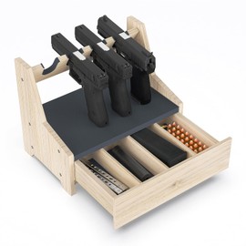 Kyerlish Pistol Rack for Gun Safe,Solid Wood Pistol Stand with Drawer,4-Slot Handgun Pistol Holder and Rustic Gun Rack Organizer Accessories for Nightstand or Shelf,Gifts for Men