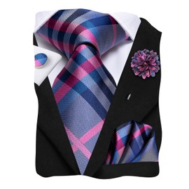 Hi-Tie Mens Tie Lapel Pin Set Pocket Square Cufflinks Woven Silk Ties for Men Wedding Formal,Purple Pink Plaid