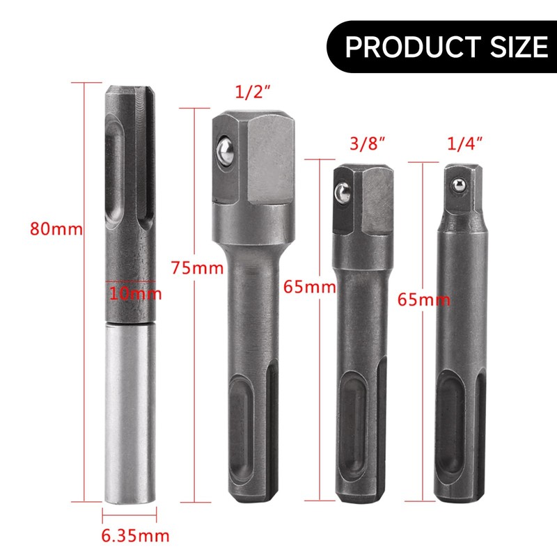 Kodrily 4Pcs SDS Plus Extension, 1/4" 3/8" 1/2" SDS Plus