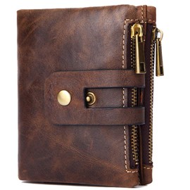 Mens Genuine Leather Bifold Double Zipper Coin Pocket Purse Wallet Coffee