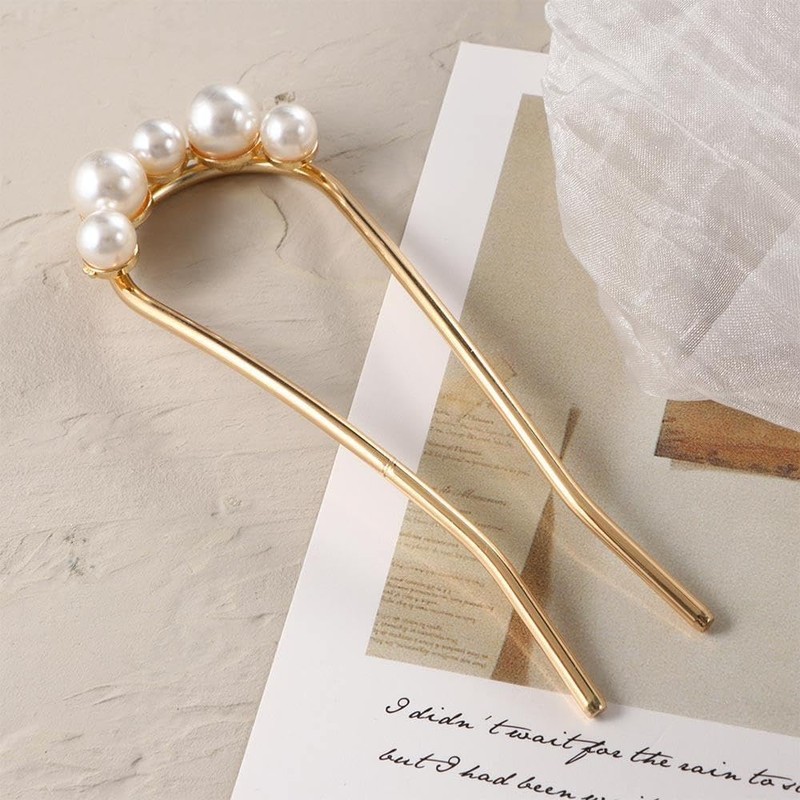 2 Pcs Gold Pearl U Shape Hair Fork,Pearl Hair Sticks