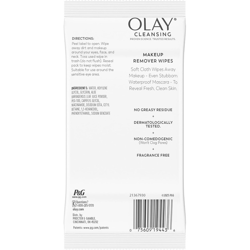 Olay Makeup Remover Wet Cloths, Fragrance Free, 25 Count (Packaging