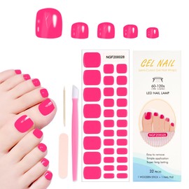 JERCLITY 1 Sheet 32pcs Pink Semi Cured Gel Toenail Strips, Toenail Wraps, Gel Pedicure Strips, Needed LED Lamp to Cured,1 Nail File,1 Wooden Cuticle Stick, 1 Plastic Press Stick