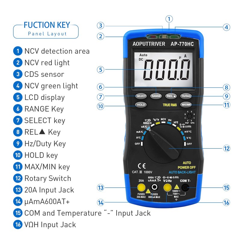 Digital Multimeter, 6000-bit AC/DC Voltage Tester, TRMS Automatic and Manual