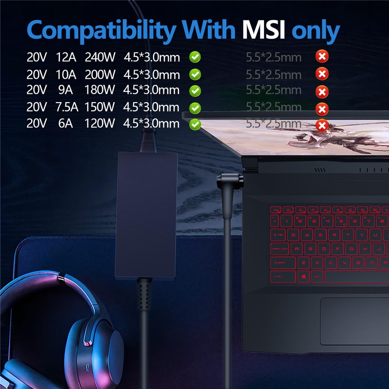 240W 20V 12A AC Adapter for MSI Pulse GL76 GL66